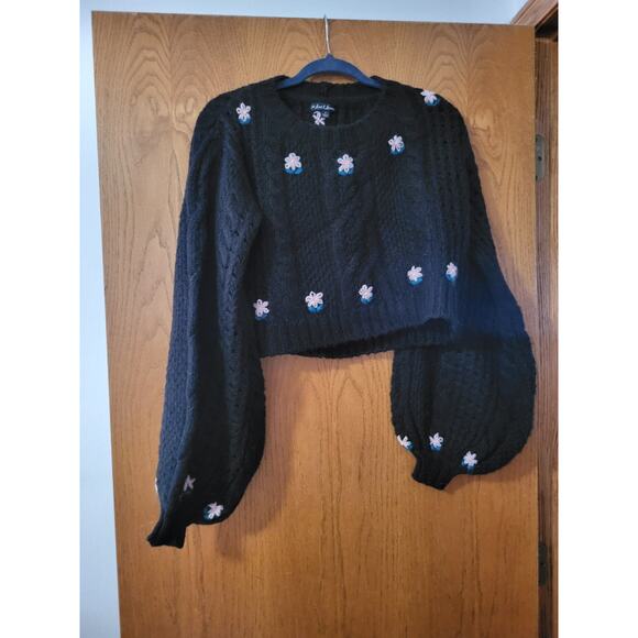 For Love and Lemons Black Pink Floral Balloon Sleeve Flower Knit Crop Sweater S - Picture 2 of 6